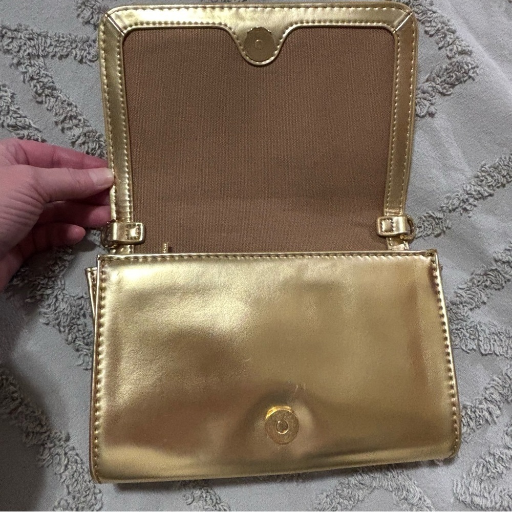 Tory Burch Perforated Logo Metallic Gold Leather Clutch Crossbody - Picture 9 of 16